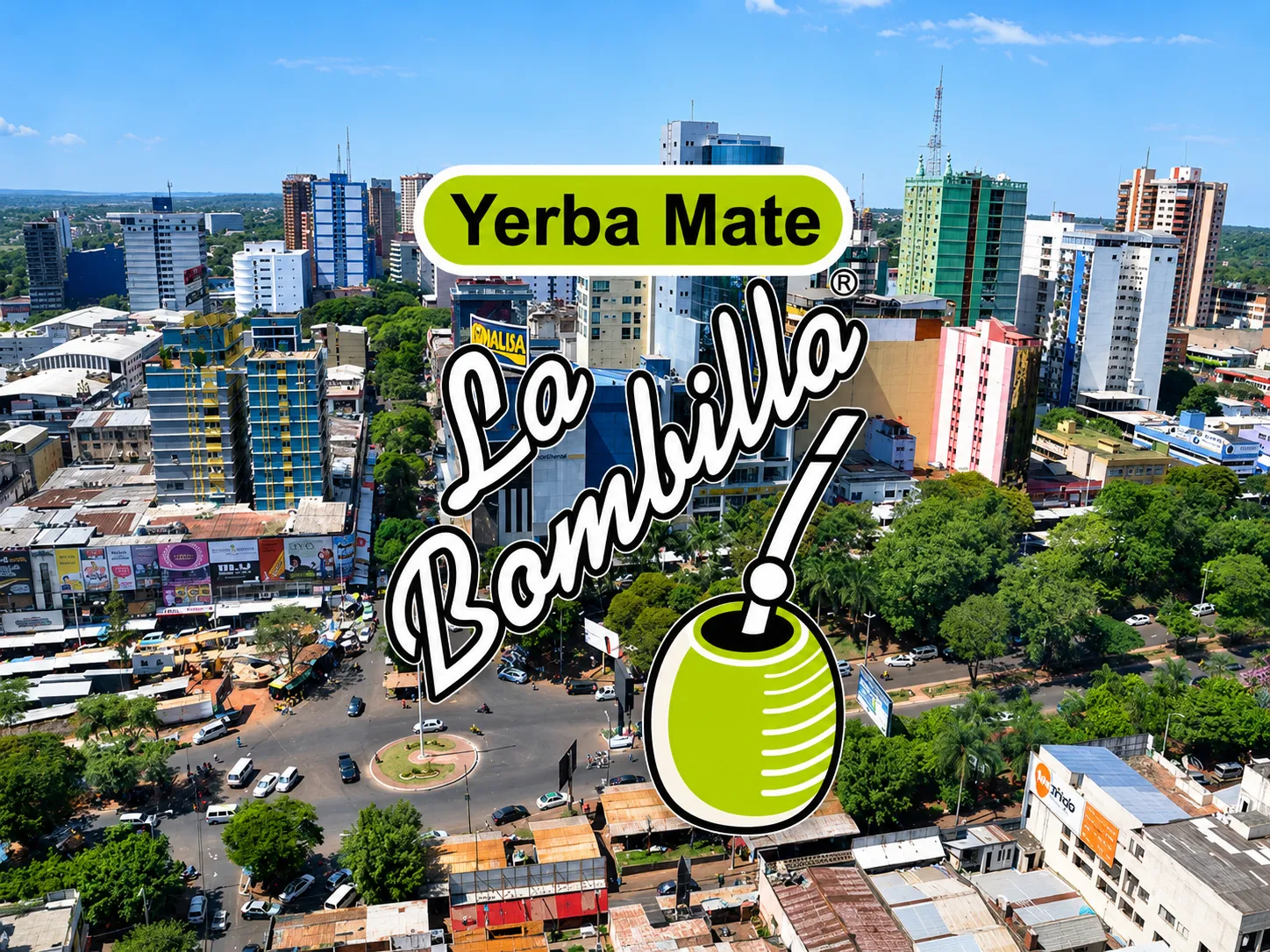Vista aérea de Ciudad del Este con la marca La Bombilla